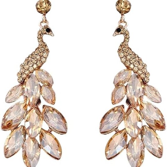 Peacock Dangle Earrings 14K Gold Plated Multicolors Crystal Feather - Picture 3 of 11